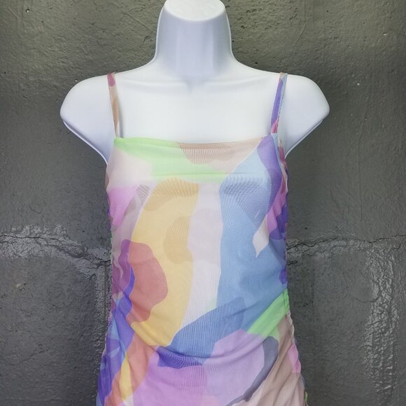 Nasty Gal Bodycon Dress 2 XS Mini Mesh Abstract Pastel Print Strappy Stretch NEW - Picture 3 of 16